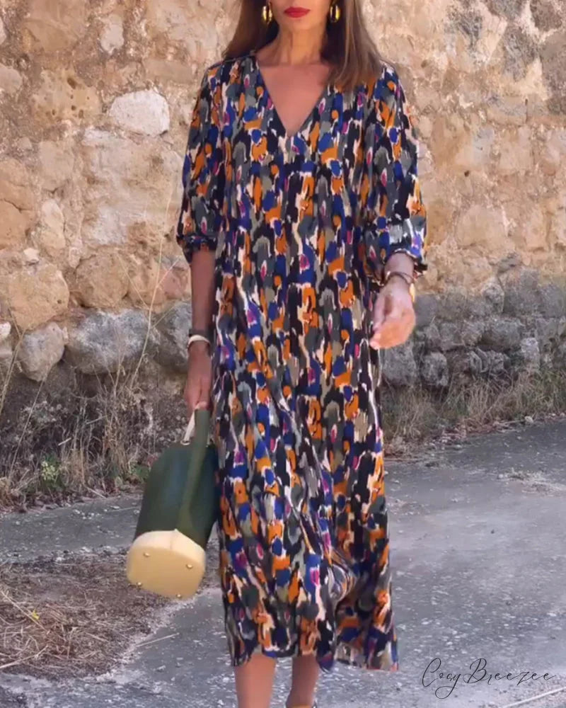 Vintage Print V-Neck Dress