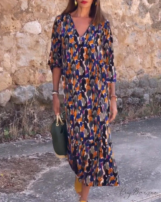 Vintage Print V-Neck Dress Multicolour / S