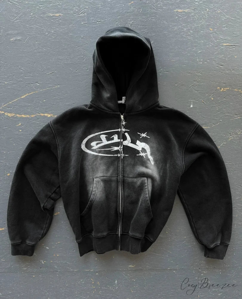 Vintage Print Zip-Up Hoodie black 4 / M hoodies-241228