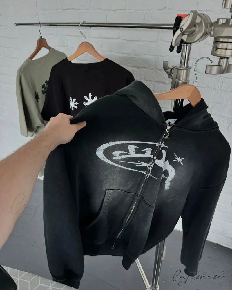 Vintage Print Zip-Up Hoodie hoodies-241228