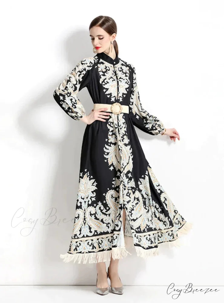Vintage Printed Fringed Dress with Long Sleeves 2XL / black