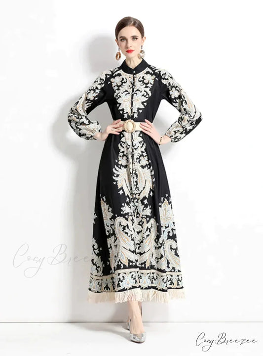 Vintage Printed Fringed Dress with Long Sleeves 2XL / white