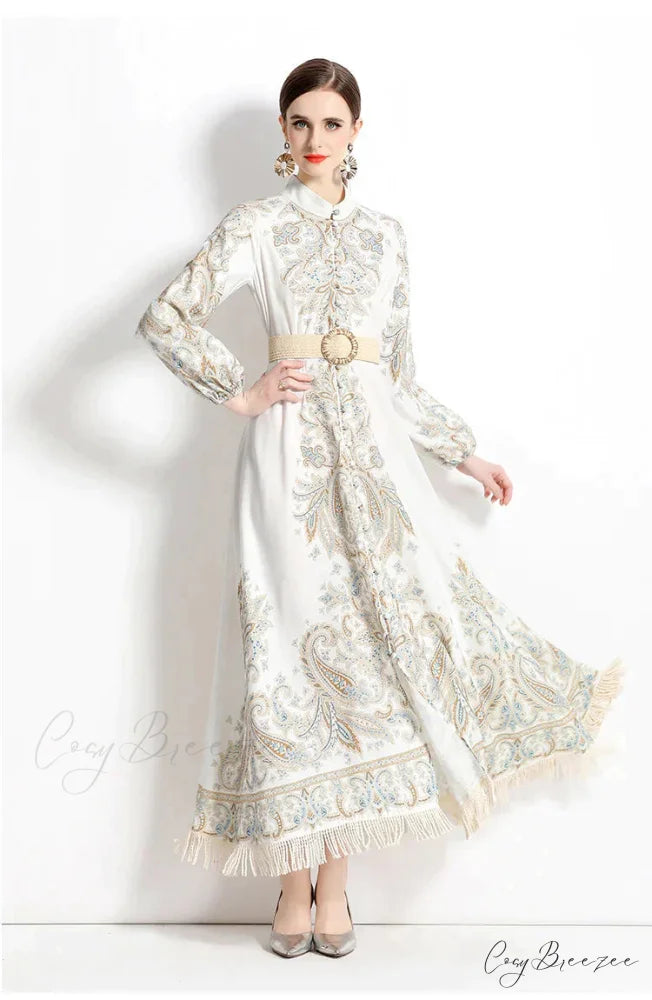 Vintage Printed Fringed Dress with Long Sleeves S / white