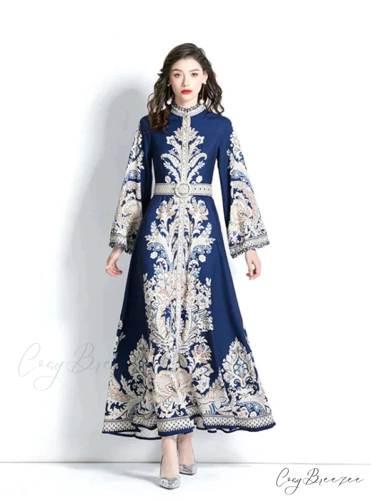 Vintage Printed Round Neck Dress with Flared Sleeves L / dark blue