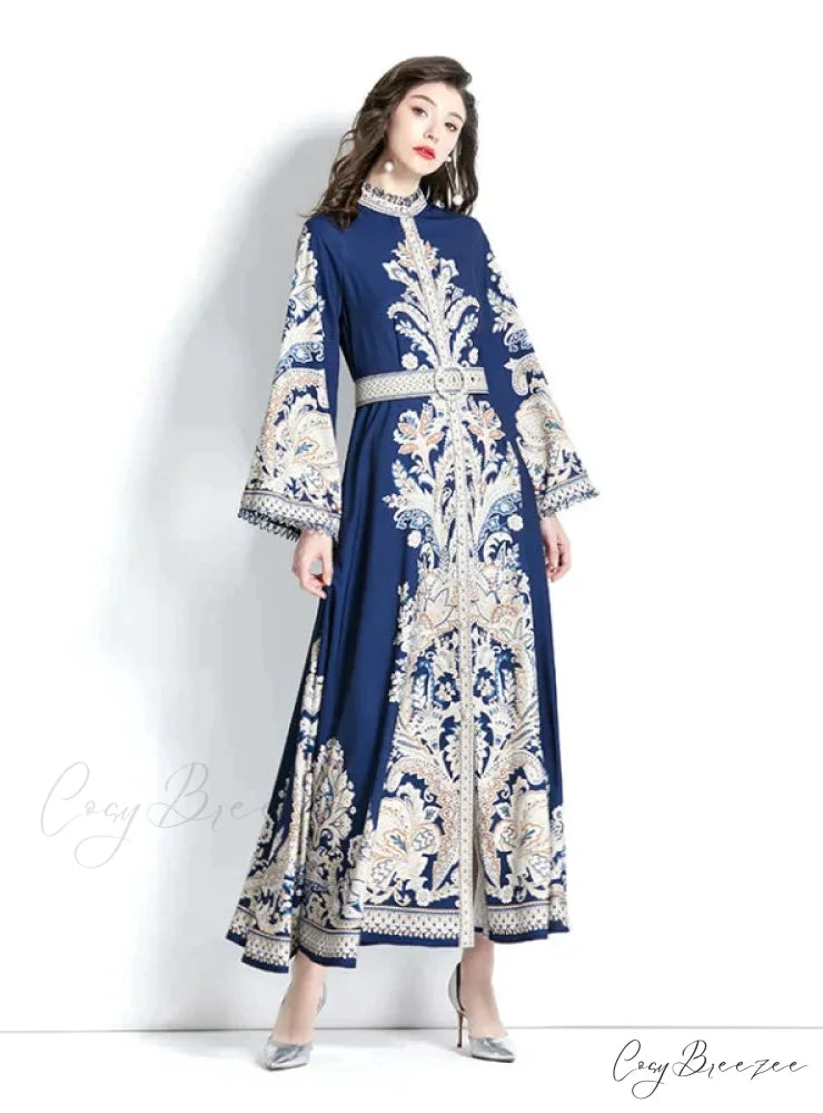 Vintage Printed Round Neck Dress with Flared Sleeves L / white