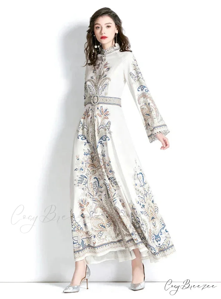 Vintage Printed Round Neck Dress with Flared Sleeves M / dark blue