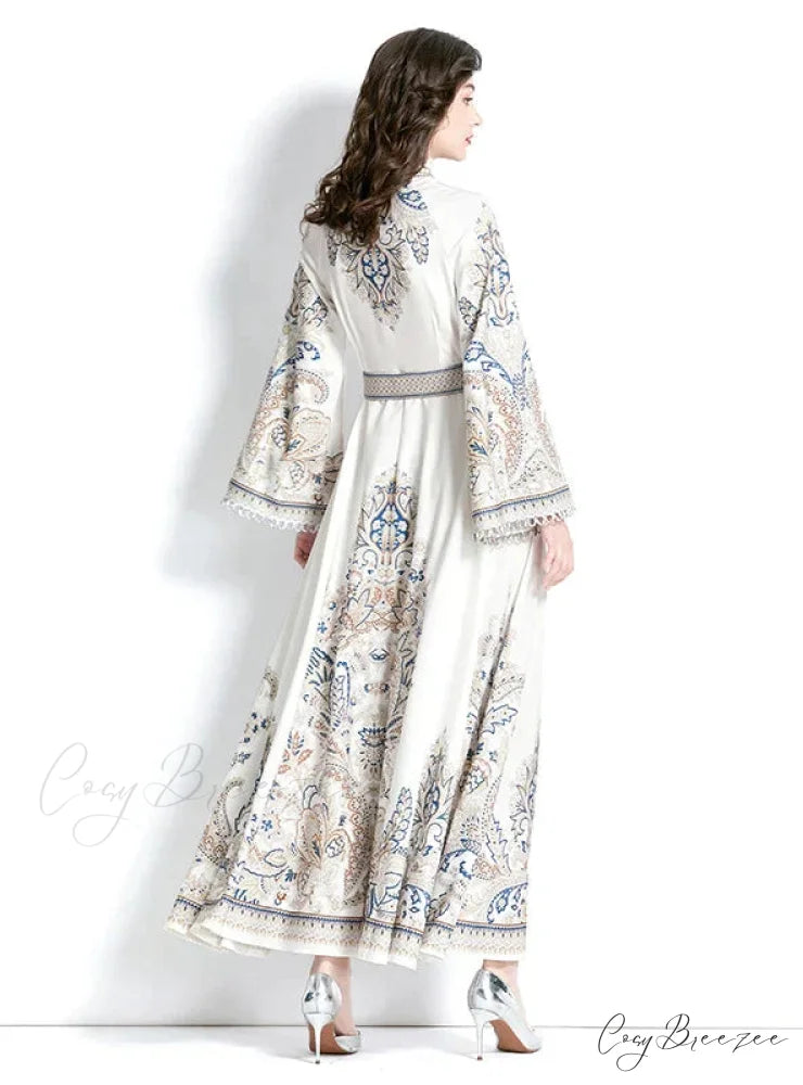 Vintage Printed Round Neck Dress with Flared Sleeves M / white