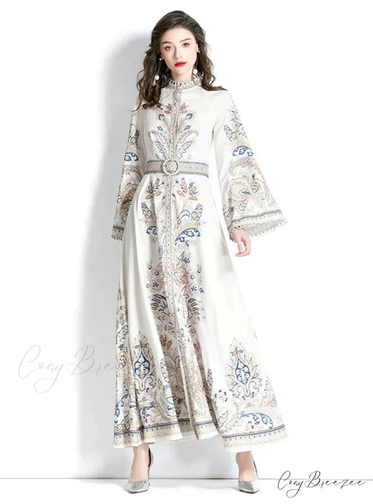 Vintage Printed Round Neck Dress with Flared Sleeves S / dark blue