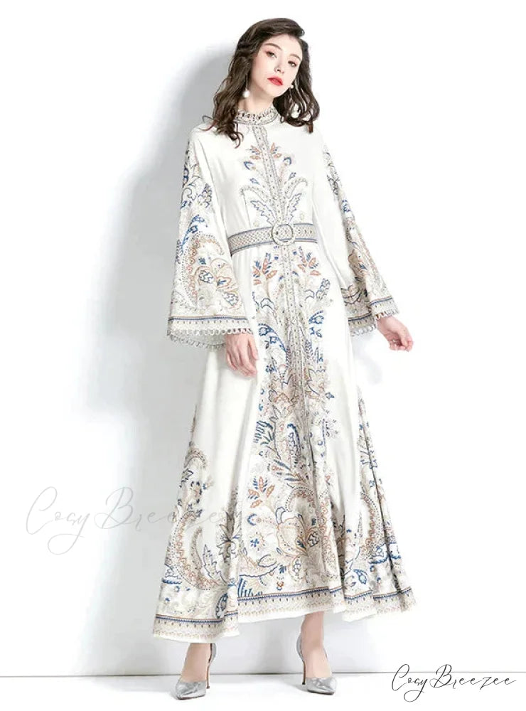 Vintage Printed Round Neck Dress with Flared Sleeves S / white