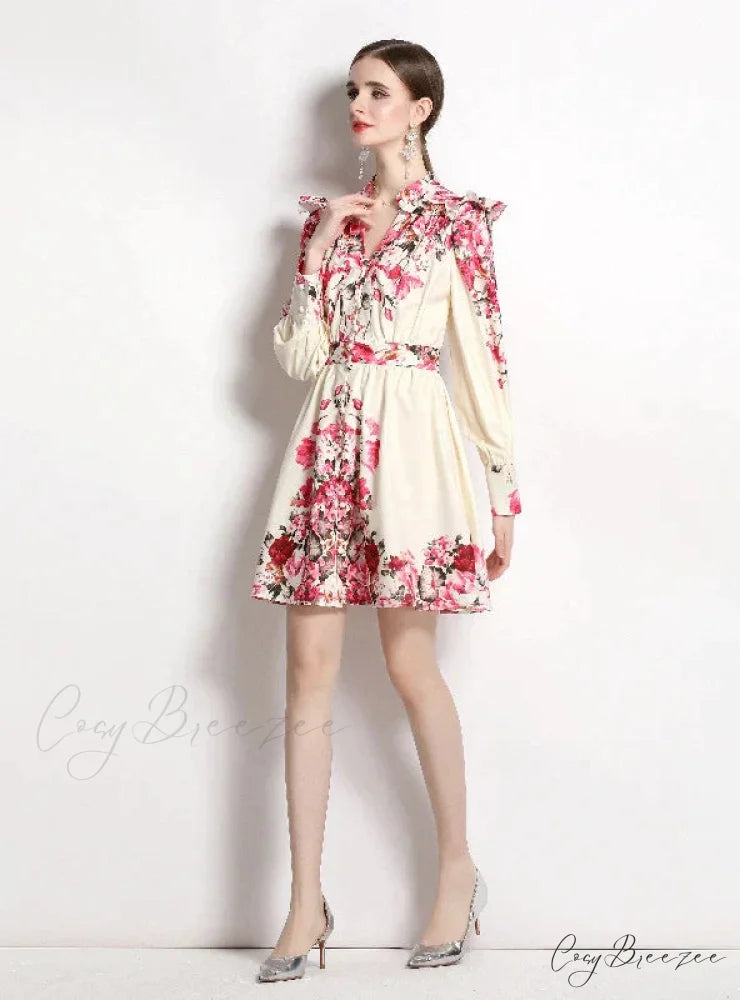 Vintage Printed V-Neck Dress with Long Sleeves