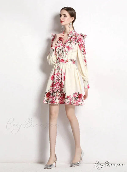 Vintage Printed V-Neck Dress with Long Sleeves