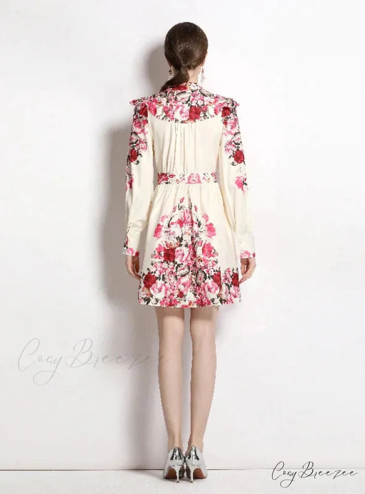 Vintage Printed V-Neck Dress with Long Sleeves