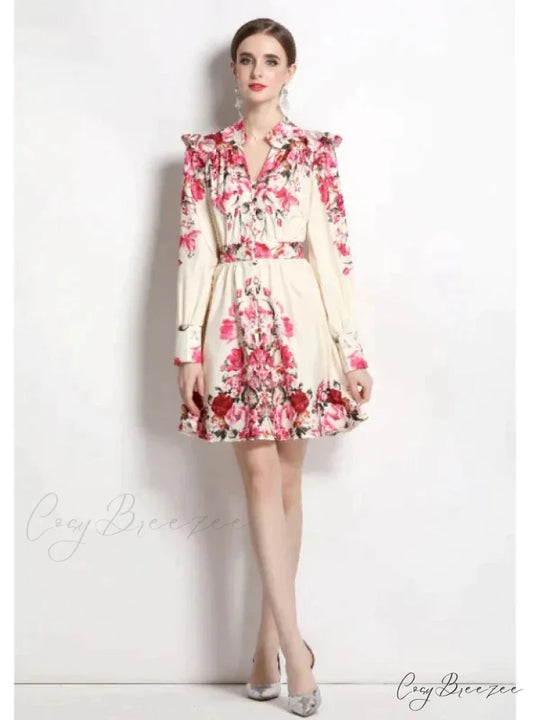 Vintage Printed V-Neck Dress with Long Sleeves