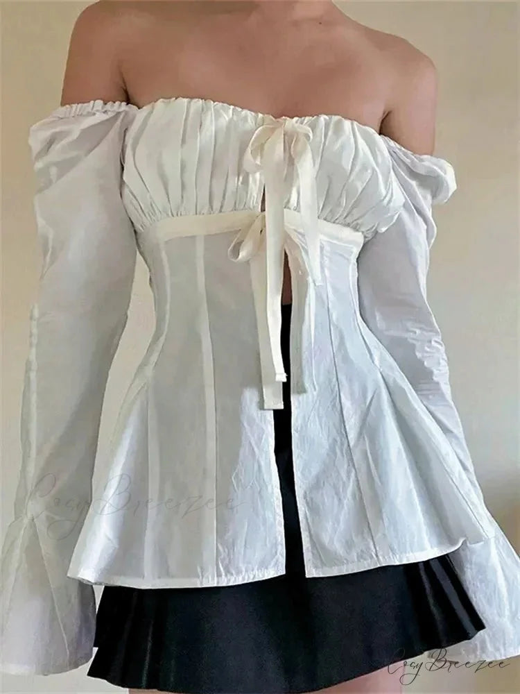 Vintage Puff Sleeve Tie-up Square Neck Crop Top blouse-250126