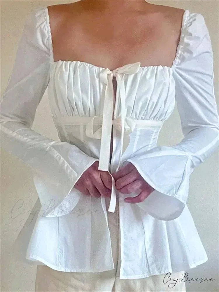 Vintage Puff Sleeve Tie-up Square Neck Crop Top blouse-250126