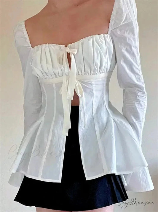 Vintage Puff Sleeve Tie-up Square Neck Crop Top WHITE / S blouse-250126