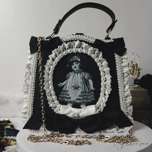 Vintage Punk Black White Doll Satchels Bowtie Imitation Pearl Lace Bag BLACK