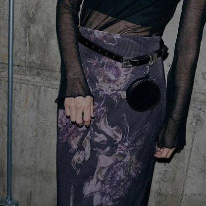 Vintage Purple Floral Print Slit Autumn Skirt skirt-250126