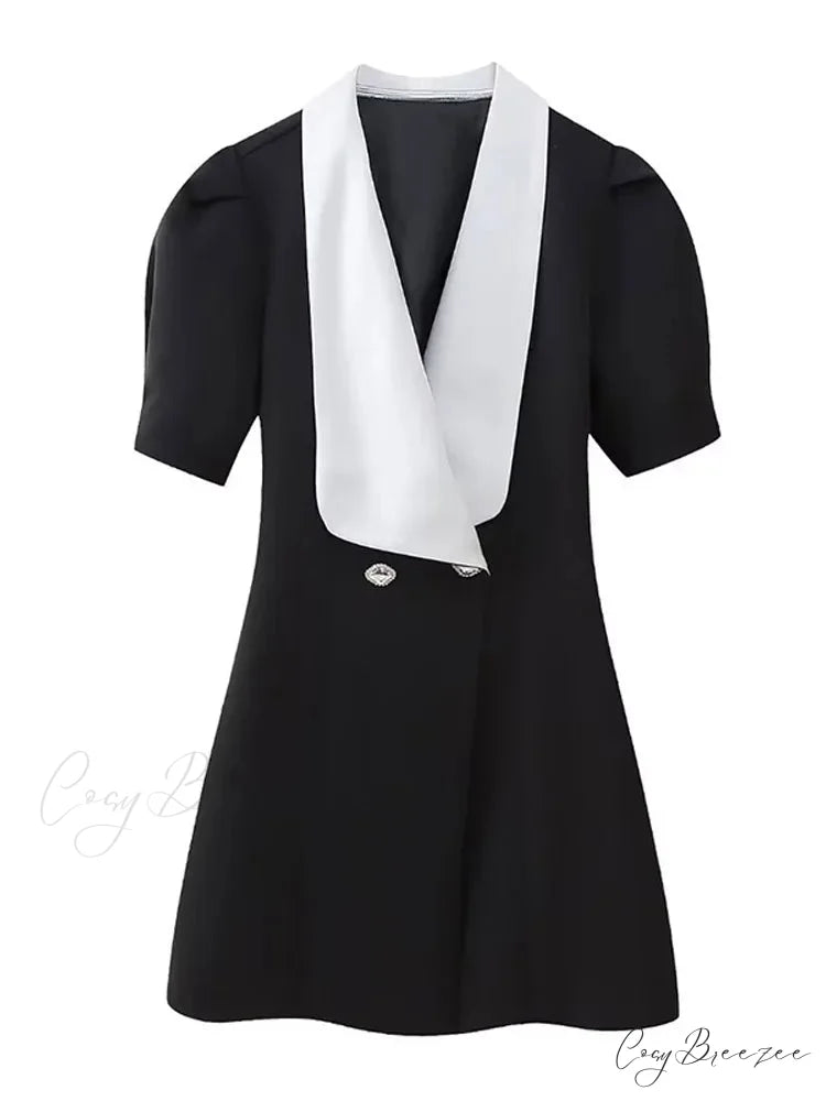 Vintage Red Contrasting Button Mini Dresses Elegant V Neck A-Line Christmas Party Dress Black / XS