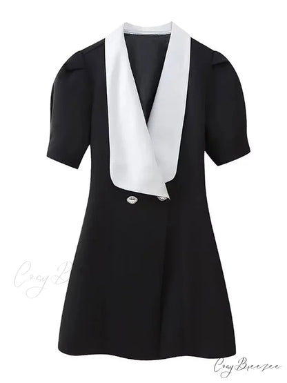 Vintage Red Contrasting Button Mini Dresses Elegant V Neck A-Line Christmas Party Dress Black / XS