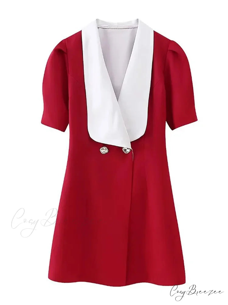 Vintage Red Contrasting Button Mini Dresses Elegant V Neck A-Line Christmas Party Dress rose red / XS