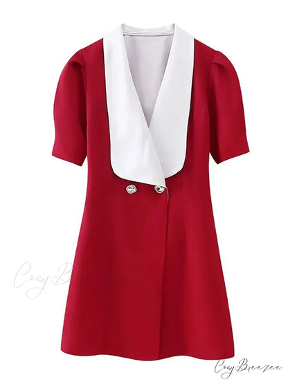 Vintage Red Contrasting Button Mini Dresses Elegant V Neck A-Line Christmas Party Dress rose red / XS