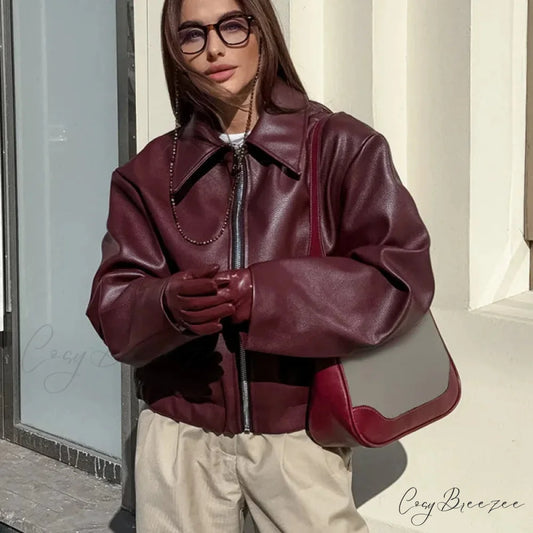 Vintage Red Leather Lapel Coat