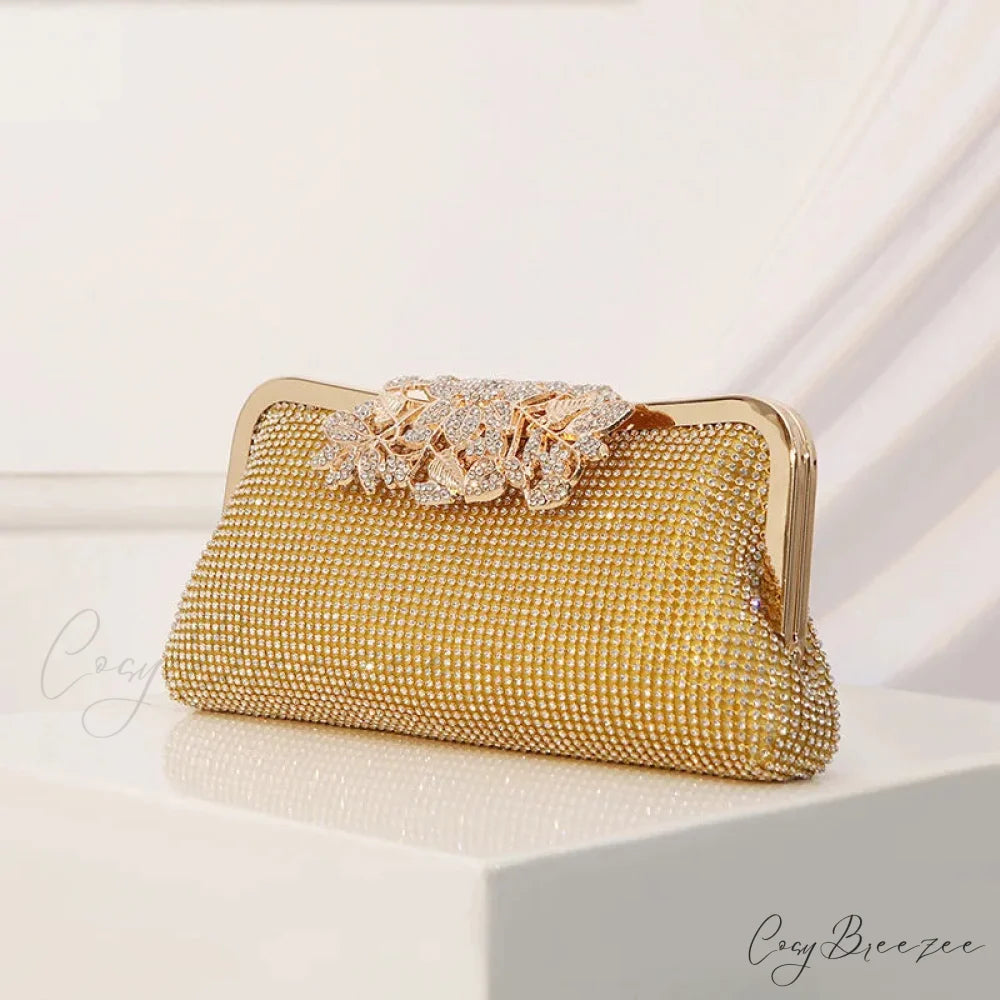 Vintage Rhinestone Flower Kiss Lock Clutch Bag 1204 GOLD clutchbag-250126