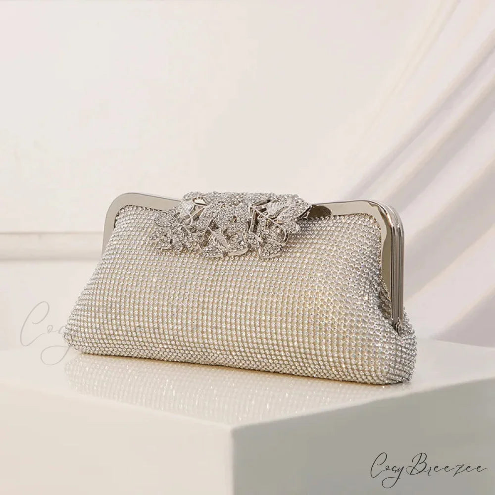 Vintage Rhinestone Flower Kiss Lock Clutch Bag 1204 SLV clutchbag-250126