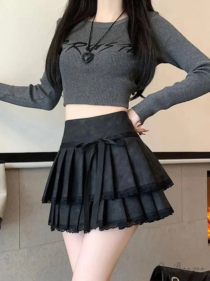 Vintage Ribbon Pleated PU Skirt Black / S skirts-250223