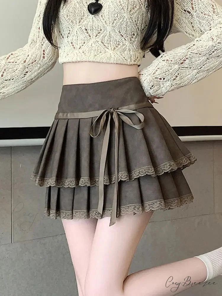 Vintage Ribbon Pleated PU Skirt khaki / S skirts-250223
