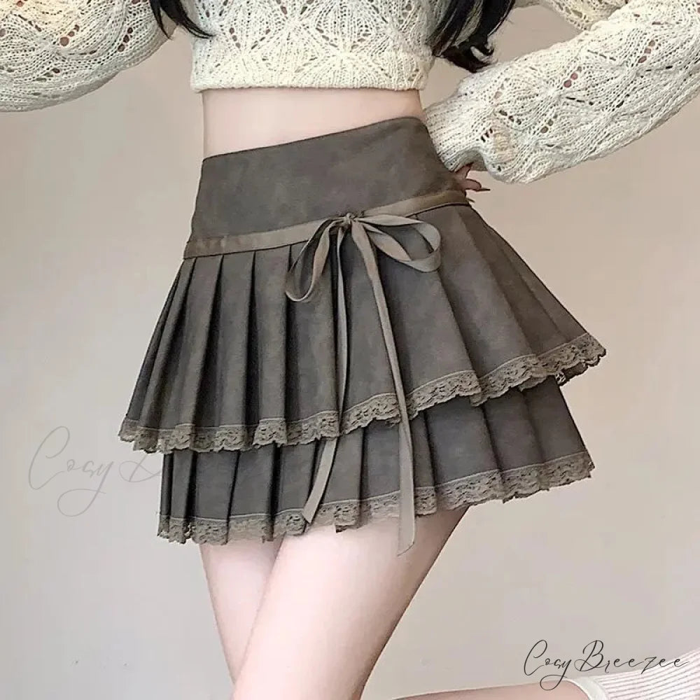 Vintage Ribbon Pleated PU Skirt skirts-250223