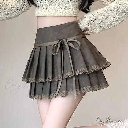Vintage Ribbon Pleated PU Skirt skirts-250223