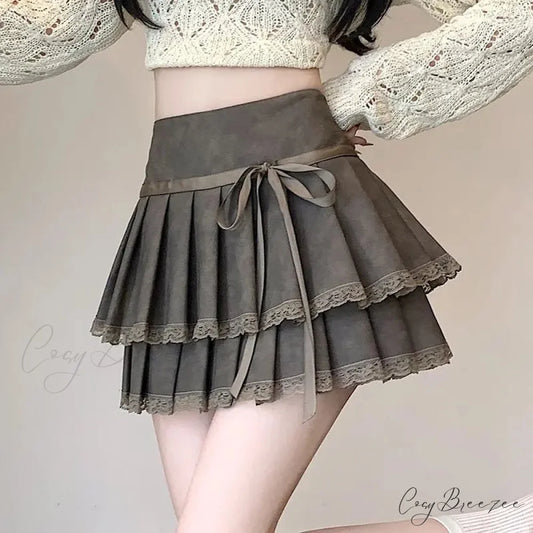 Vintage Ribbon Pleated PU Skirt skirts-250223