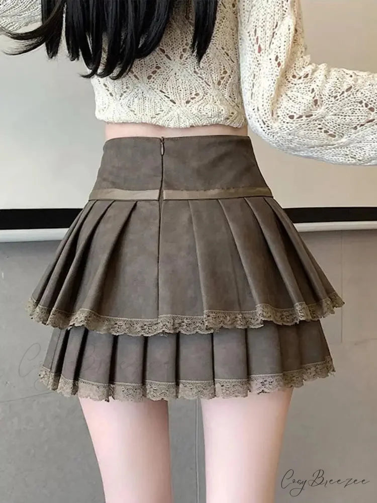 Vintage Ribbon Pleated PU Skirt skirts-250223