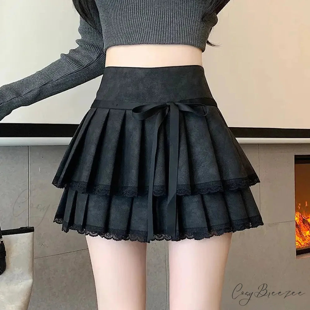Vintage Ribbon Pleated PU Skirt skirts-250223