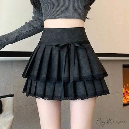 Vintage Ribbon Pleated PU Skirt skirts-250223