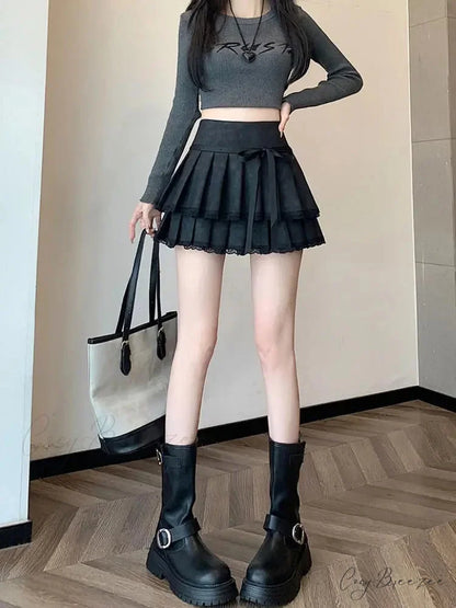 Vintage Ribbon Pleated PU Skirt skirts-250223