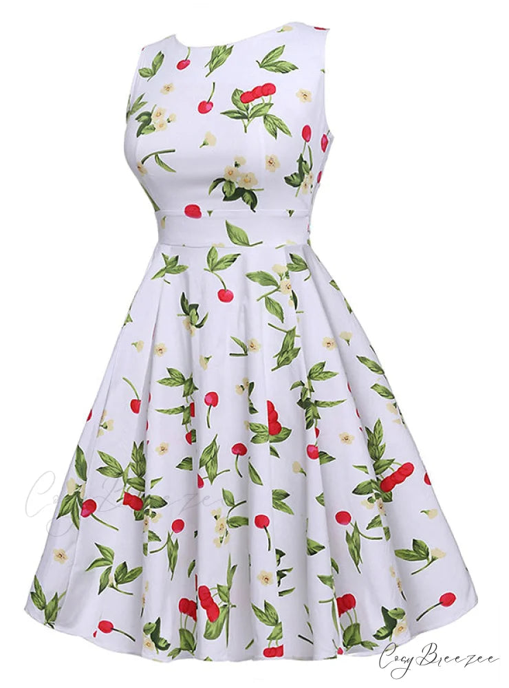 Vintage Rockabilly White Print Party Dress with Belt