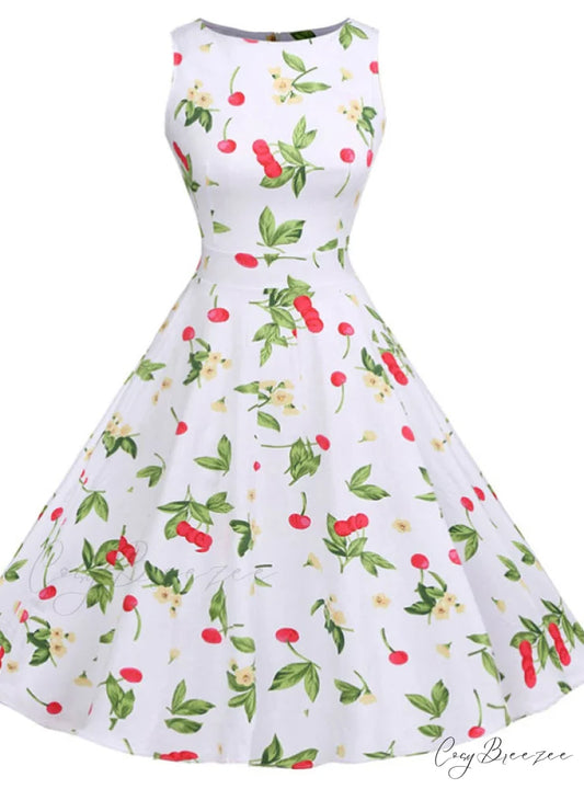 Vintage Rockabilly White Print Party Dress with Belt