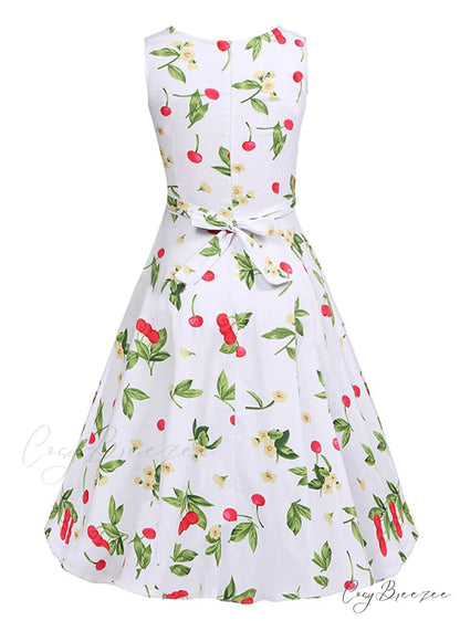Vintage Rockabilly White Print Party Dress with Belt