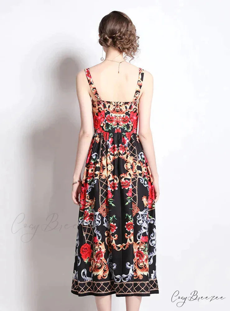 Vintage Rose Print Long Dress with Suspender