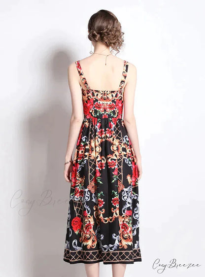 Vintage Rose Print Long Dress with Suspender