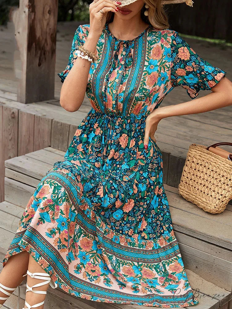 Vintage Round Neck A-Line Boho Dress