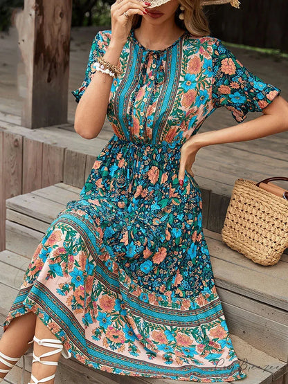 Vintage Round Neck A-Line Boho Dress