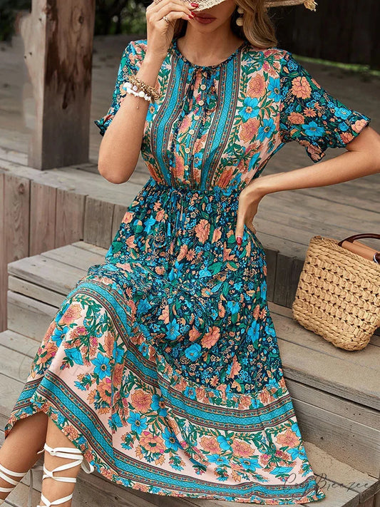 Vintage Round Neck A-Line Boho Dress