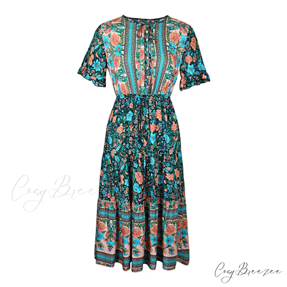 Vintage Round Neck A-Line Boho Dress Blue / S