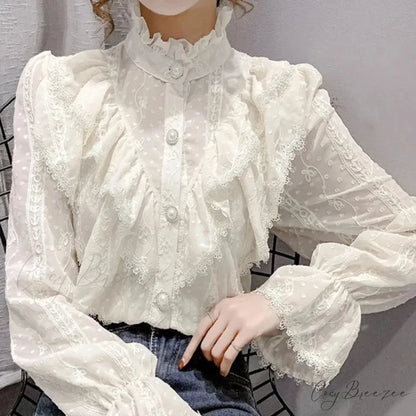 Vintage Ruffled Lace White Shirt Long Sleeve Casual Crop Top APRICOT / S blouse-250126