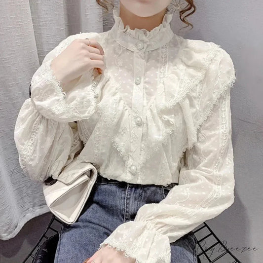 Vintage Ruffled Lace White Shirt Long Sleeve Casual Crop Top blouse-250126