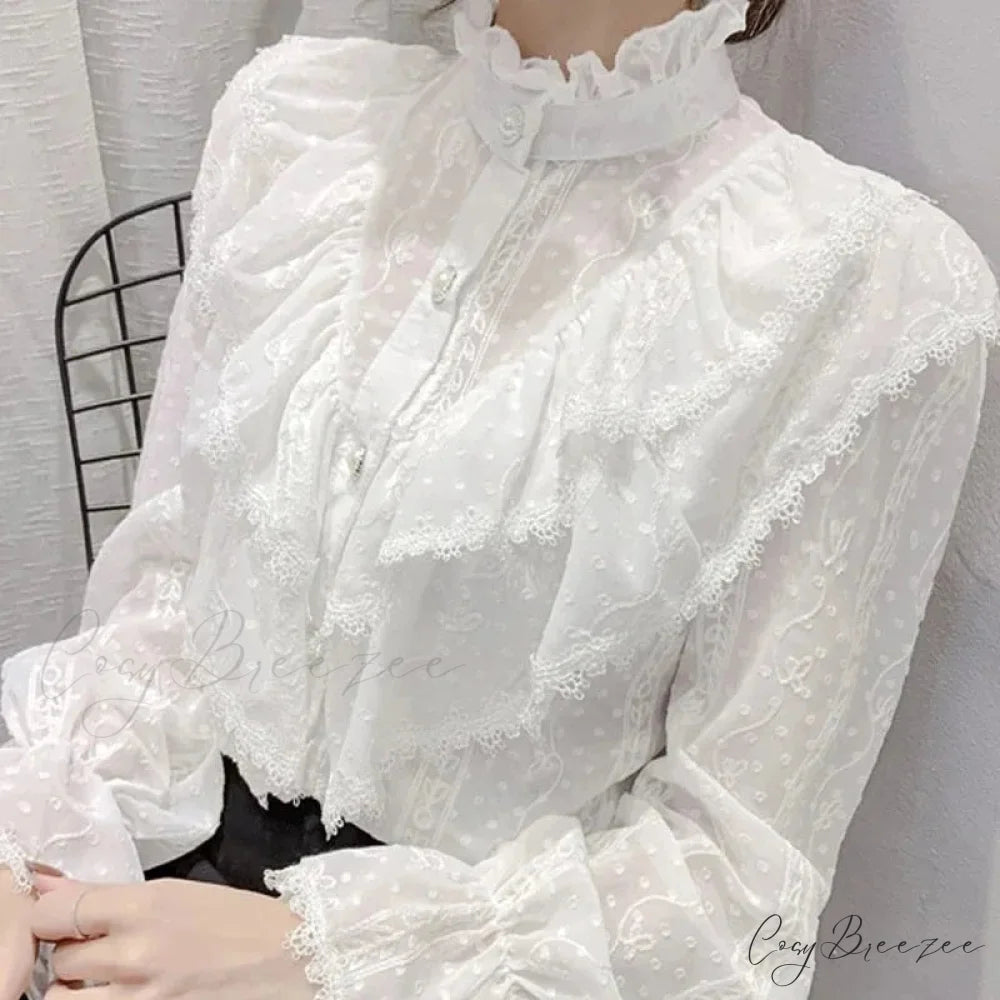 Vintage Ruffled Lace White Shirt Long Sleeve Casual Crop Top blouse-250126